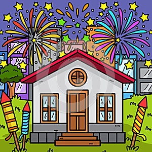 New Year Fireworks Colored Cartoon Illustration