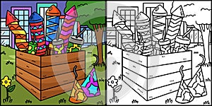 New Year Fireworks In Crate Coloring Illustration