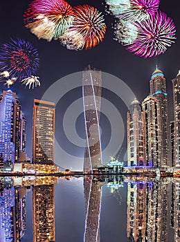 New Year fireworks display in Dubai Marina, Dubai, UAE