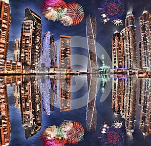 New Year fireworks display in Dubai Marina, Dubai, UAE