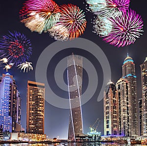 New Year fireworks display in Dubai Marina, Dubai, UAE