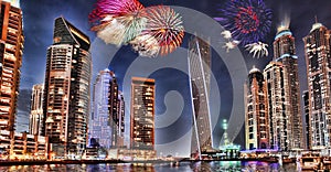 New Year fireworks display in Dubai Marina, Dubai, UAE