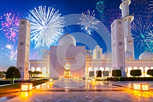 New Year fireworks display over the Grand Mosque in Abu Dhabi, United Arab Emirates