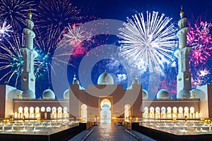 New Year fireworks display over the Grand Mosque in Abu Dhabi, United Arab Emirates