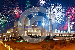 New Year fireworks display over the Grand Mosque in Abu Dhabi, United Arab Emirates