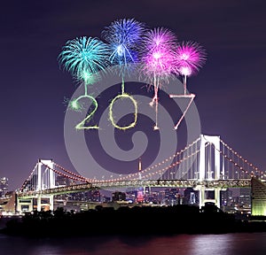 2017 New Year Fireworks over Tokyo Rainbow Bridge at Night, Odaiba, Japan