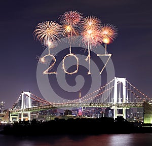 2017 New Year Fireworks over Tokyo Rainbow Bridge at Night, Odaiba, Japan