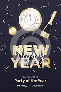 New Year flyer design. Layout with champagne bottle, clock, gold ball and New Year lettering