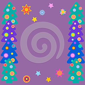 New Year frame or border with colourful Christmas trees and stars. Copy space.