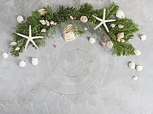 New year frame: top view flat lay pine tree branches with seashells and starfish on grey background. Tropical christmas, holidays