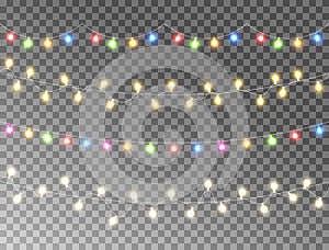 New Year garland lights decoration. Christmas color lights set. Led neon lamp. Glow colored bulb. Bright Celebration