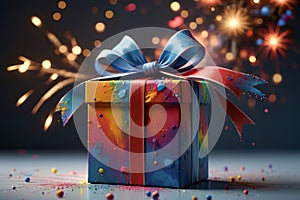 New Year gift box with bright ribbon, New Year card