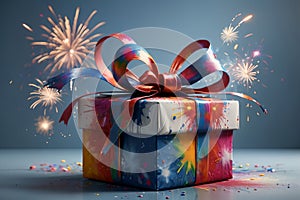 New Year gift box with bright ribbon, New Year card