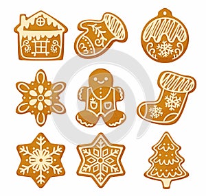 New Year Gingerbread Cookies as Winter Homemade Sweet Snack with Sugar Glaze Vector Set