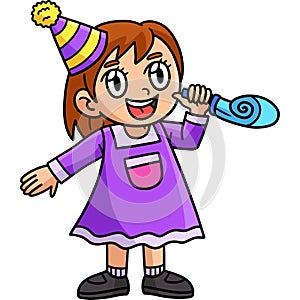 New Year Girl Blowing Horn Cartoon Colored Clipart