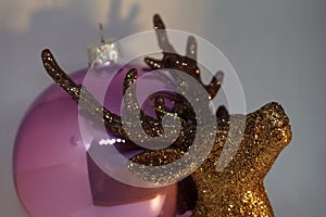 New Year glitter deer toy. Christmas decorations, Holiday background, template for greeting card