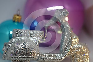 New Year glitter toy scooter motorbike. Christmas decorations, Holiday background, template for greeting card