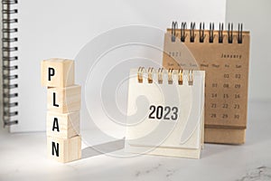 New year goals 2023, calendar on table. Resolutions, plan and goals, checklist concept. New Year 2023 template, copy