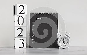 New year goals 2023, goals list with notebook. Resolutions, plan and goals, checklist concept. New Year 2023 template