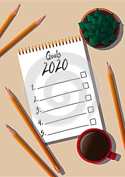 New year goals list. 2020 resolutions text on notepad. Wish list. Action plan. Pencils, mug of coffee and houseplant