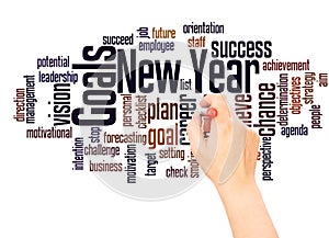 New Year Goals word cloud and hand with marker concept