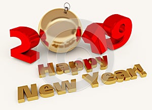 New year gold and red glossy 3D figures and letters with Christmas decorations on a white background