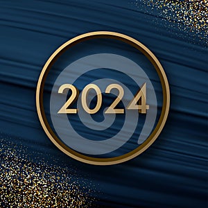 New Year golden 3d 2024 lettering on dark blue textured background with circle and golden sand or small shiny particles