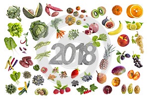 New year good resolution five fruit and vegetable 2018 whritten in the midde on white