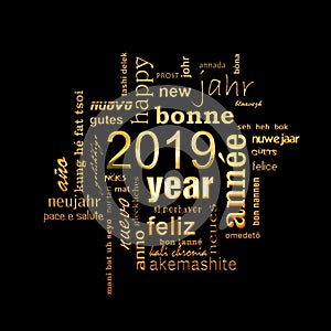 New year greeting card 2019. Multilingual word cloud, golden letters on black