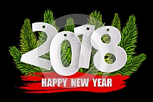 New Year 2018 greeting card concept with christmas tree branches on black