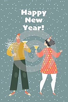 New Year greeting card. Couple at a party. Happy boy and girl
