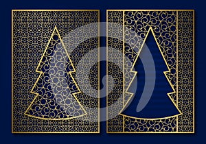 New Year greeting card cover template with Christmas tree frame