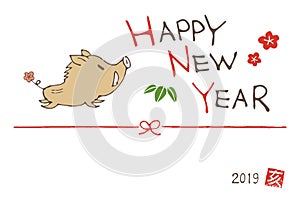 New year greeting card with a cute boar, wild pig