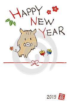 New year greeting card with a cute boar wild pig