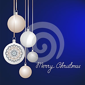 New Year greeting card design with christmas balls hanging on ribbon. Collection of Baubles with ornaments.