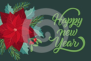 New Year greeting card with fir tree, poinsettia and holly berry.