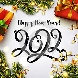 New Year greeting card with hand drawn lettering 2022