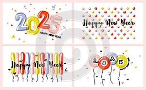 New Year greeting card with multicolored balloons and hand drawn numbers 2025 on white background. Bright and festive vector