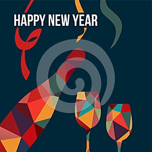 New year greeting card, polygon bottle of wine and glasse