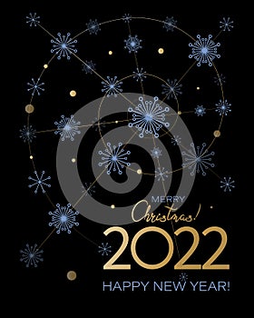 New year greeting card. Spiral 2022. Christmas background with snowflakes. HAPPY WINTER HOLIDAYS.