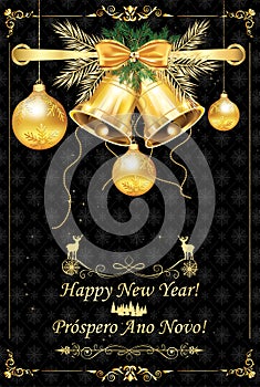 New Year greeting card with text in English and Portuguese