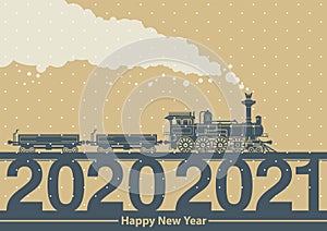 New year greeting card with a vintage steam train