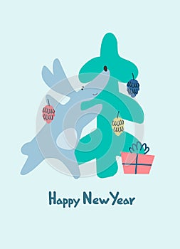 New Year greeting card with Water rabbit, zodiac animal for 2023. Horoscope bull and hand-lettered greeting phrase