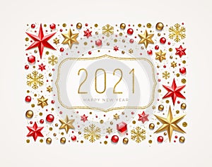 New Year 2021 greeting illustration. Frame made from stars, ruby gems, golden snowflakes, beads and glitter gold.