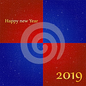 New year greetings for year 2019 with bright blue background and red square with glowing stars with yellow lights with number