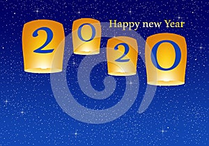New year greetings for year 2020 with bright blue background with glowing stars with yellow lights and flying chinese lucky lanter