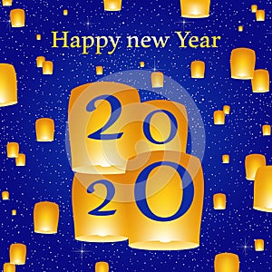 New year greetings for year 2020 with bright blue background with glowing stars with yellow lights and flying chinese lucky lanter