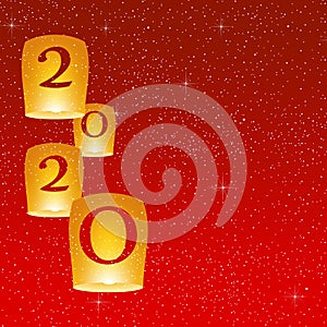 New year greetings for year 2020 with bright blue background with glowing stars with yellow lights with number