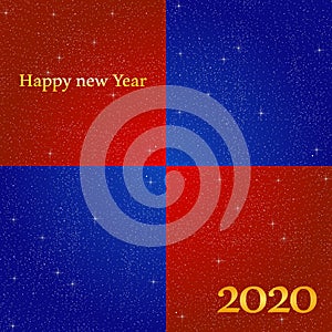 New year greetings for year 2020 with bright blue background and red square with glowing stars with yellow lights with number