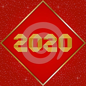 New year greetings for year 2020 with bright red background with glowing stars with gold lights with number in the golden square f